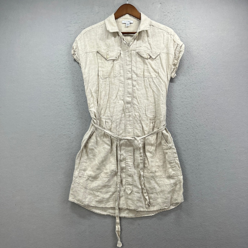 Pure Navy Shirt Dress Womens S Tan Linen Short Sleeve Utility Safari Coastal